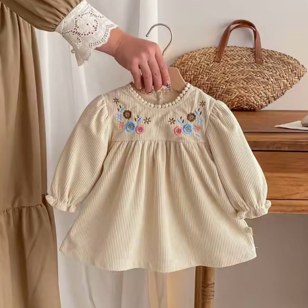 Adorable Embroidered Baby Dress – Soft Corduroy Long Sleeve Outfit